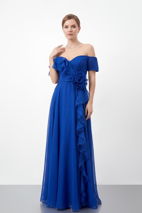 Gül Detaylı Volanlı Şifon Uzun Abiye - 1996