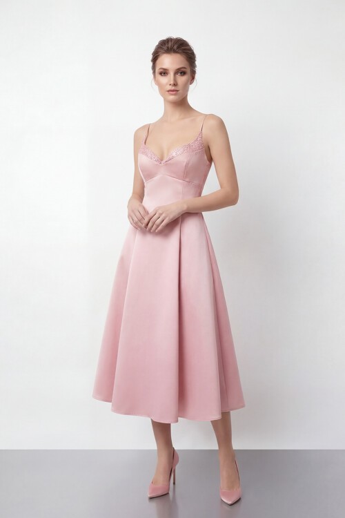 İnce Askılı Taş İşlemeli Midi Abiye  - 2048