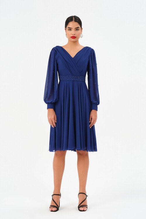 İnci İşlemeli Drapeli Midi Elbise - 1512