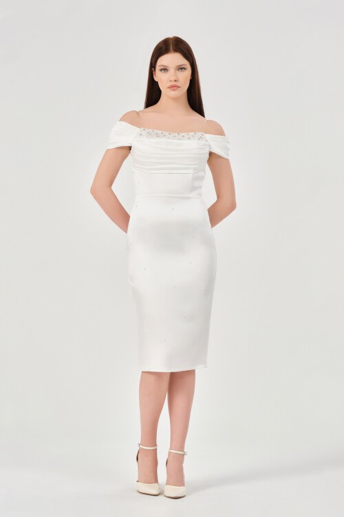 İncili Kayık Yaka Midi Elbise - 1574