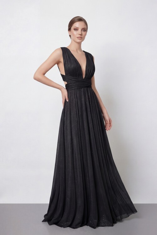 Işıltılı Derin V Yaka Pileli Abiye - 2043