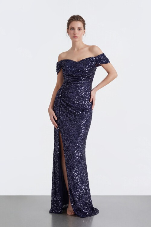 Işıltılı Payet Omzu Açık Drapeli Yırtmaçlı Abiye - 2134