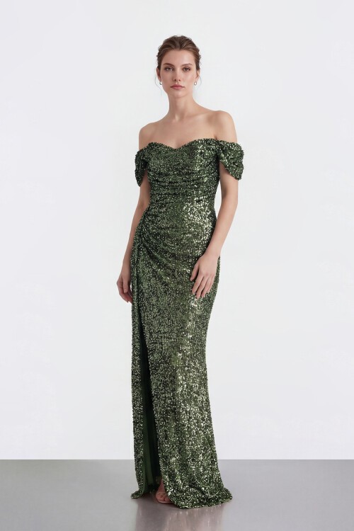 Işıltılı Payet Omzu Açık Drapeli Yırtmaçlı Abiye - 2134