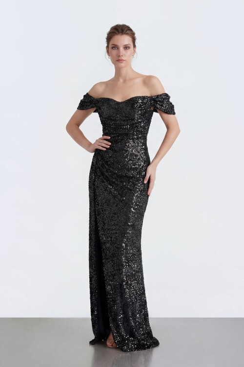 Işıltılı Payet Omzu Açık Drapeli Yırtmaçlı Abiye - 2134