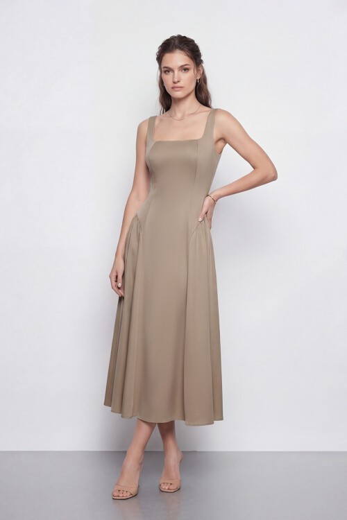 Kare Yaka A Kesim Midi Elbise - 2082