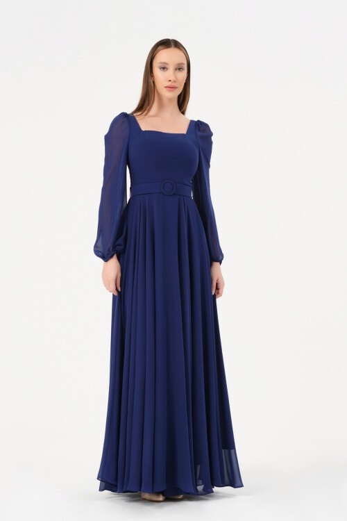 Kare Yaka Kemer Detaylı Elbise - 1555