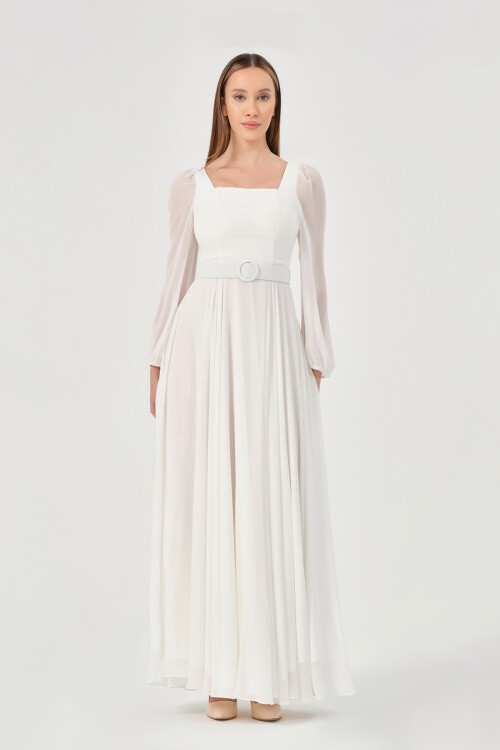 Kare Yaka Kemer Detaylı Elbise - 1555