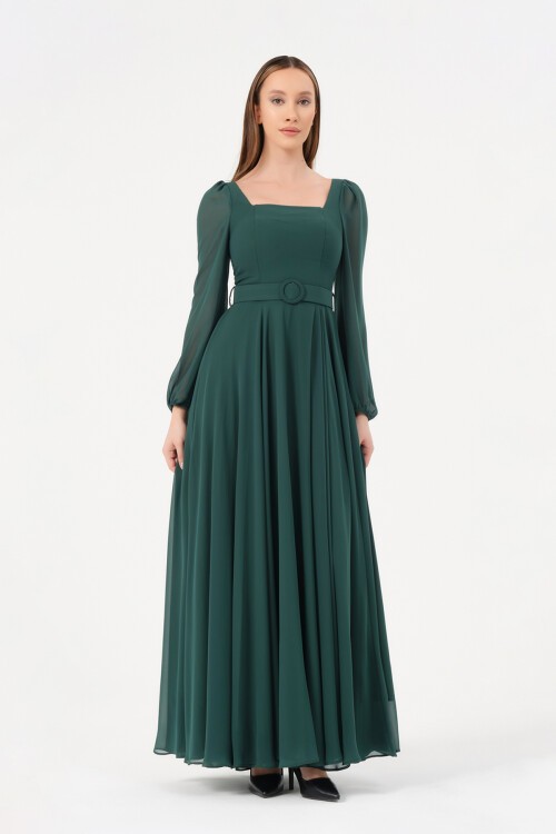 Kare Yaka Kemer Detaylı Elbise - 1555