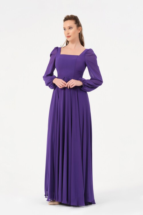 Kare Yaka Kemer Detaylı Elbise - 1555