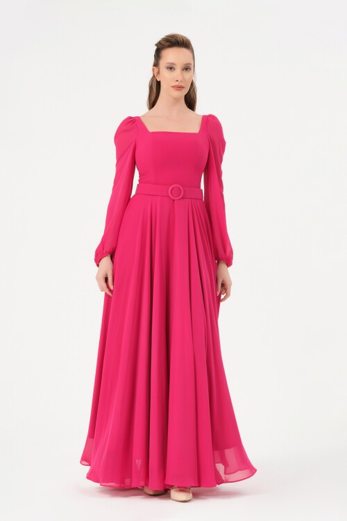 Kare Yaka Kemer Detaylı Elbise - 1555