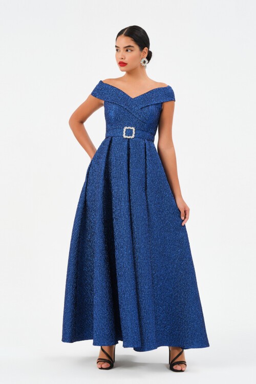 Kayık Yaka Kemer Detaylı Elbise - 1549