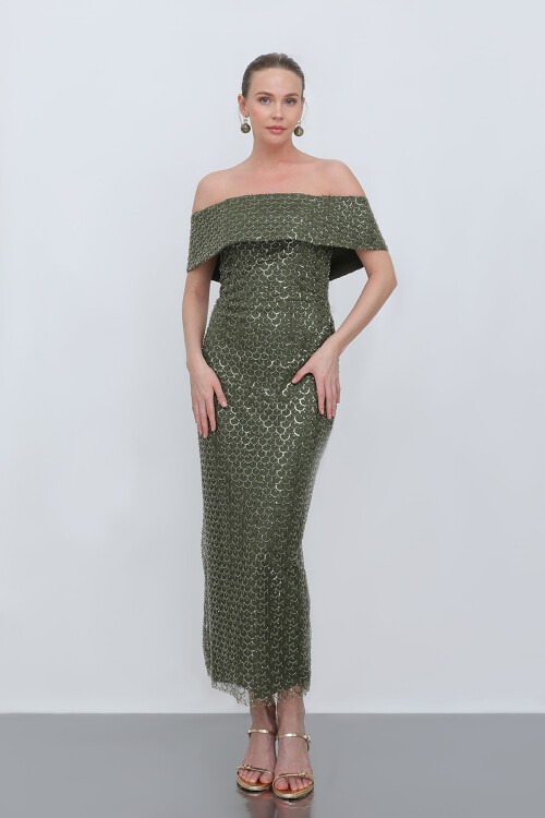 Kayık Yakalı Payetli Midi Elbise - 1808