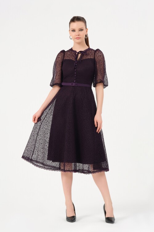 Kemer Detaylı Dantelli Midi Elbise - 1076