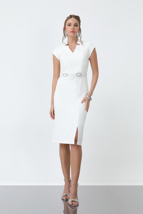 Kısa Kol Kemer Detaylı Elbise - 1913