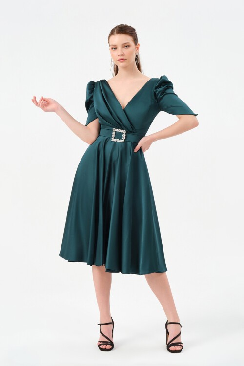 Kol Detaylı Kruvaze Yaka Midi Elbise - 1520