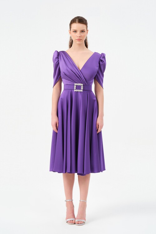 Kol Detaylı Kruvaze Yaka Midi Elbise - 1520