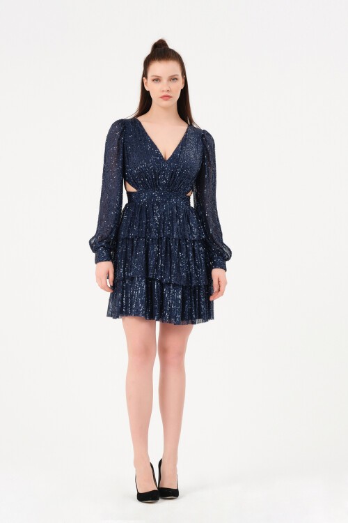 Kol Detaylı Payetli Mini Elbise - 1478