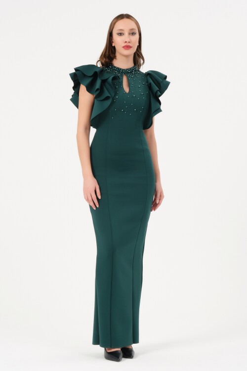 Kolu Fırfırlı Taş İşlemeli Elbise - 1433