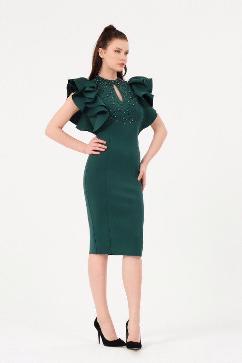 Kolu Fırfırlı Taş İşlemeli Midi Elbise - 1426