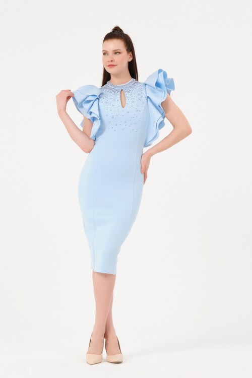 Kolu Fırfırlı Taş İşlemeli Midi Elbise - 1426