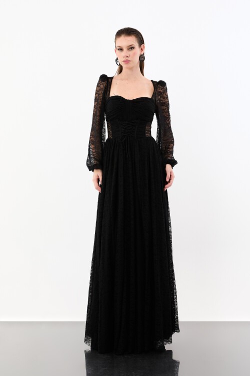 Korse Detaylı Dantelli Yırtmaçlı Elbise - 1946