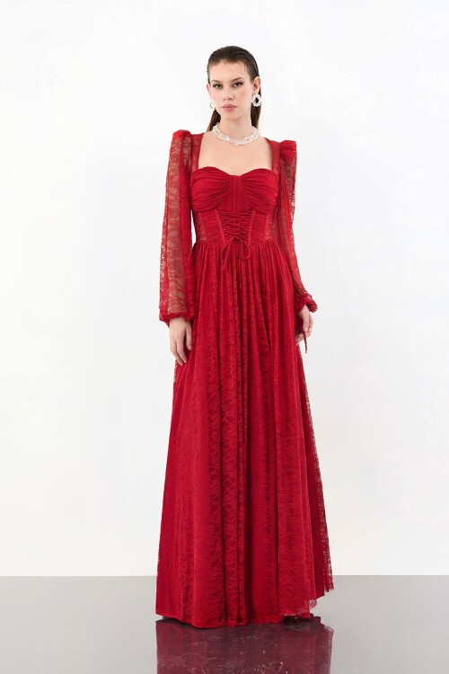 Korse Detaylı Dantelli Yırtmaçlı Elbise - 1946