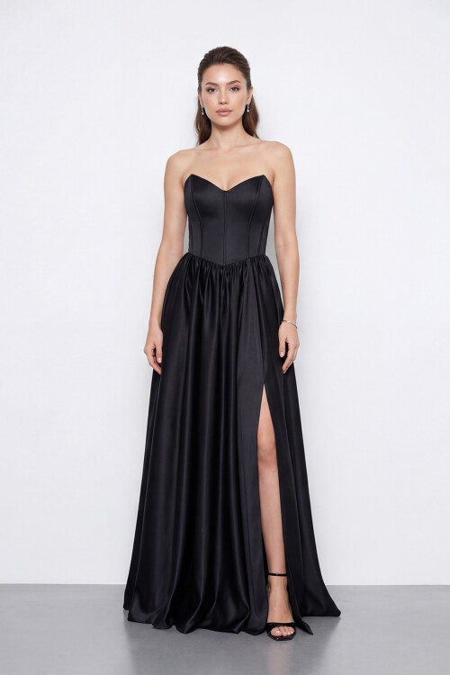 Korse Detaylı Yırtmaçlı Straplez Abiye - 2085