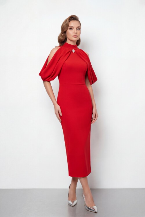 Omuz Açık Drapeli Pelerin Detaylı Abiye - 2078