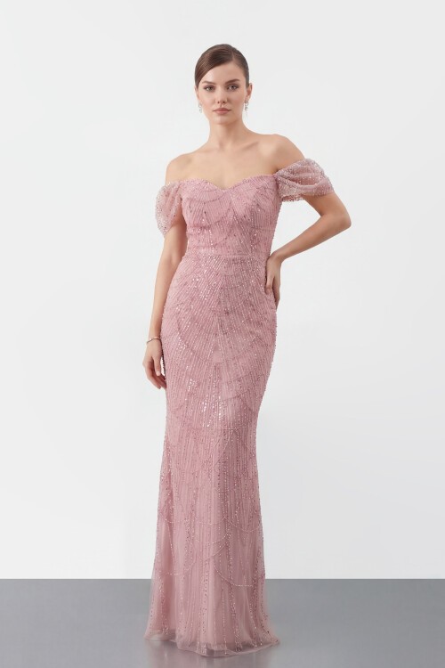 Omuz Açık Tül Kollu İşlemeli Uzun Abiye - 2132