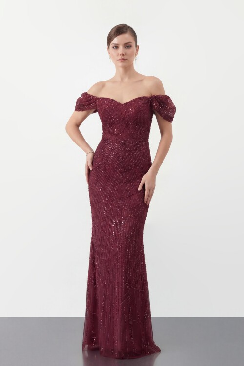 Omuz Açık Tül Kollu İşlemeli Uzun Abiye - 2132