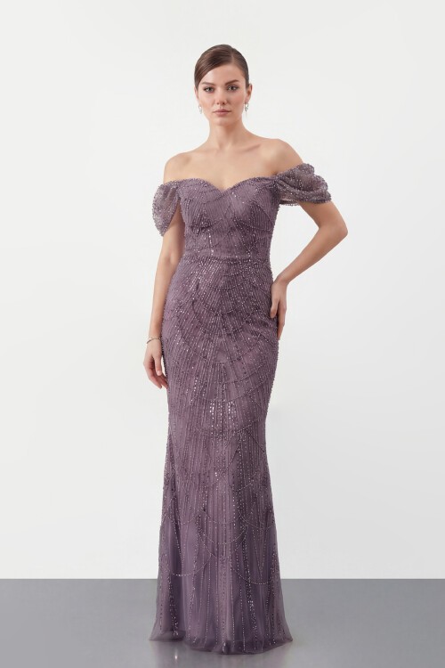 Omuz Açık Tül Kollu İşlemeli Uzun Abiye - 2132