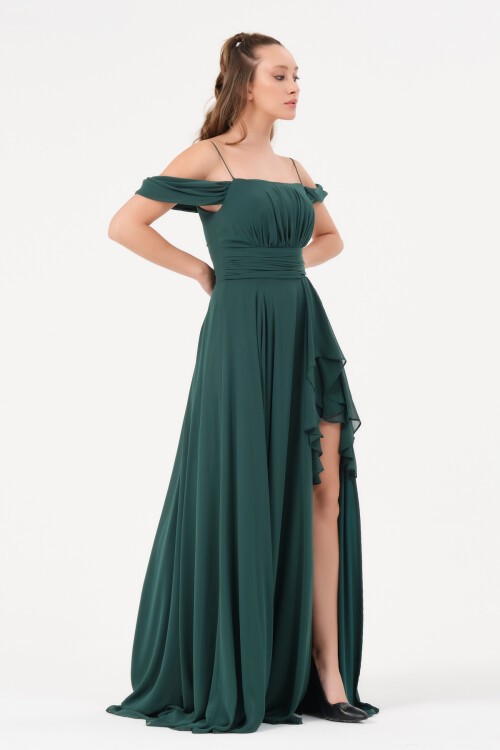 Omzu Düşük Yırtmaçlı Elbise - 1380