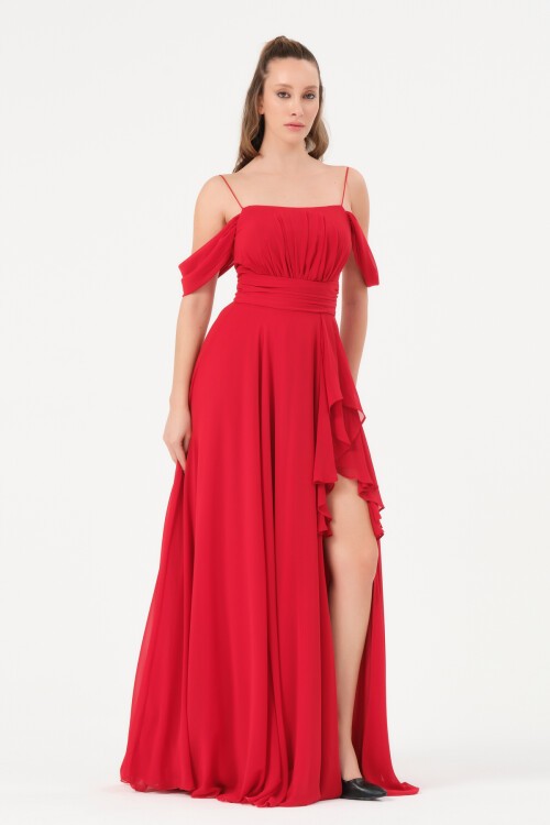 Omzu Düşük Yırtmaçlı Elbise - 1380