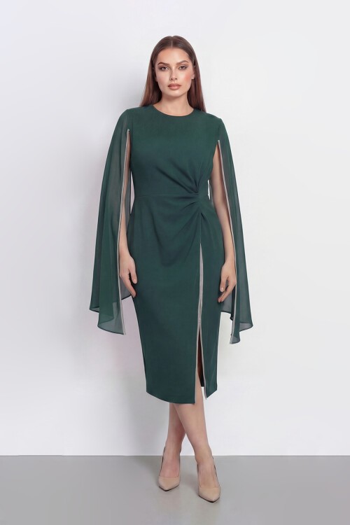 Pelerin Detaylı Drapeli Şık Midi Abiye - 2118