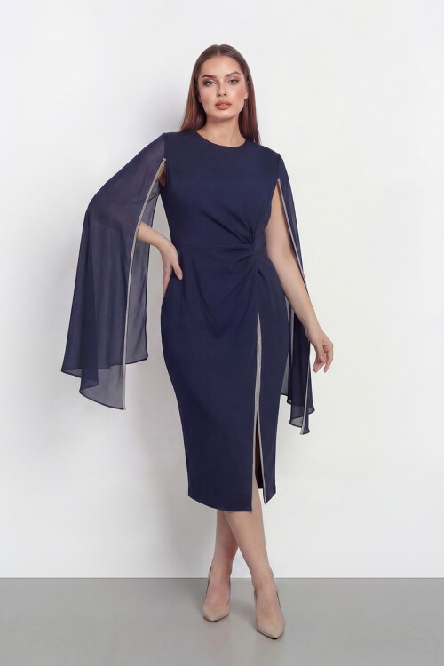 Pelerin Detaylı Drapeli Şık Midi Abiye - 2118