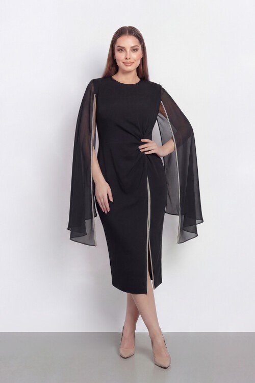 Pelerin Detaylı Drapeli Şık Midi Abiye - 2118