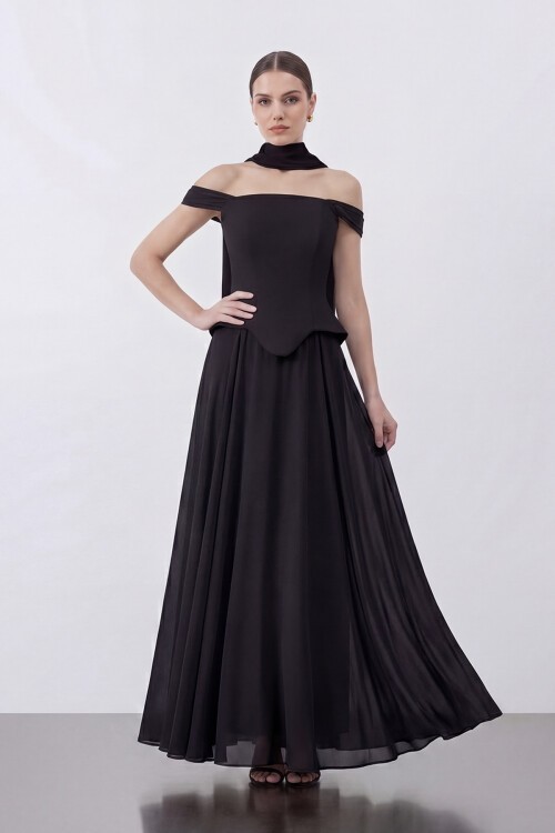 Şal Detaylı Kare Yaka Zarif Uzun Abiye - 2138