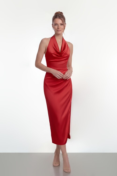 Saten Halter Yaka Drapeli Midi Abiye - 2084