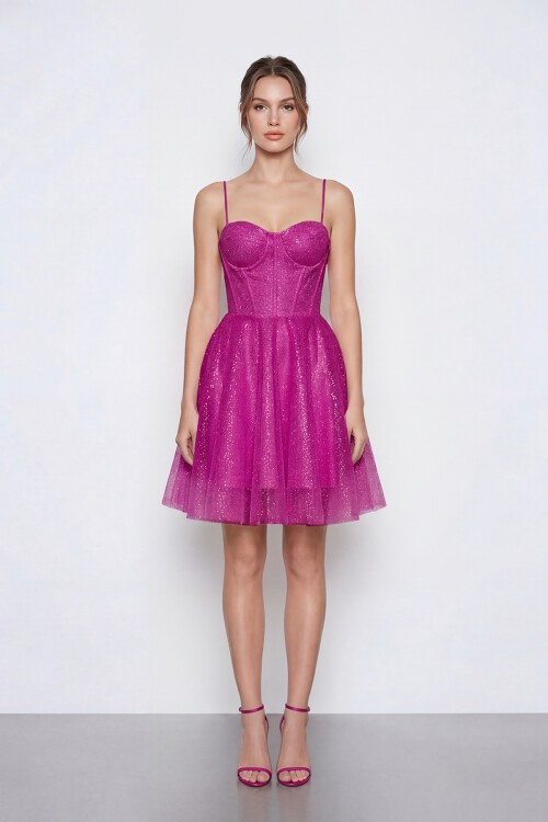 Simli İp Askılı Korse Detaylı Mini Abiye - 2081