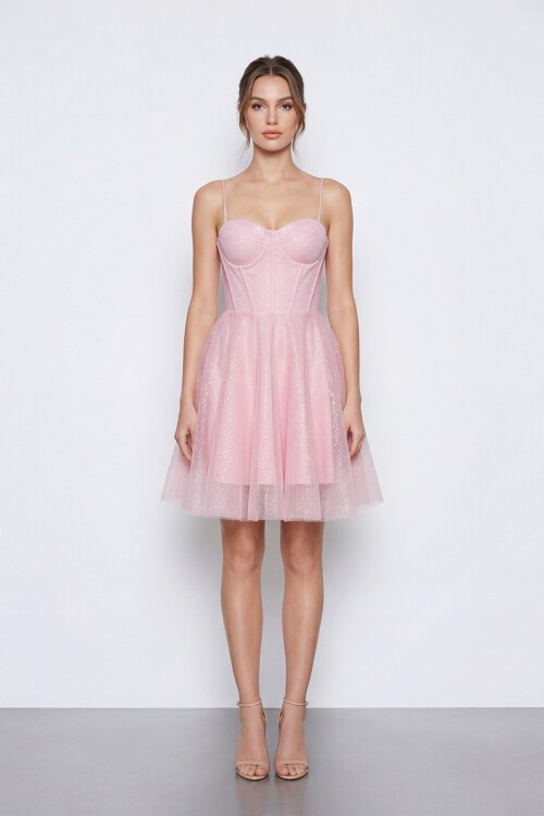 Simli İp Askılı Korse Detaylı Mini Abiye - 2081