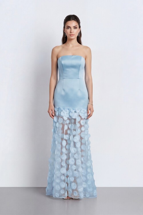 Straplez 3D Aplikeli Transparan Etek Abiye - 2077