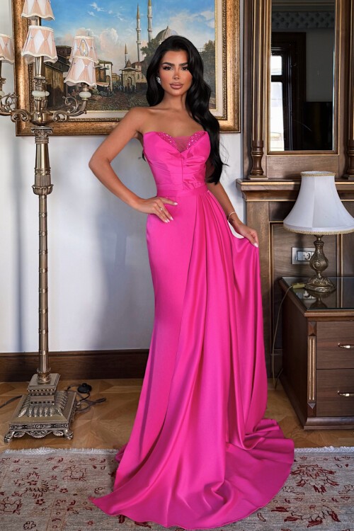 Straplez Taş Detaylı Yırtmaçlı Elbise - 1562