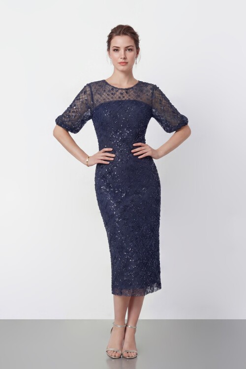 Tamamı İşlemeli Işıltılı Yarım Kol Midi Elbise - 2029