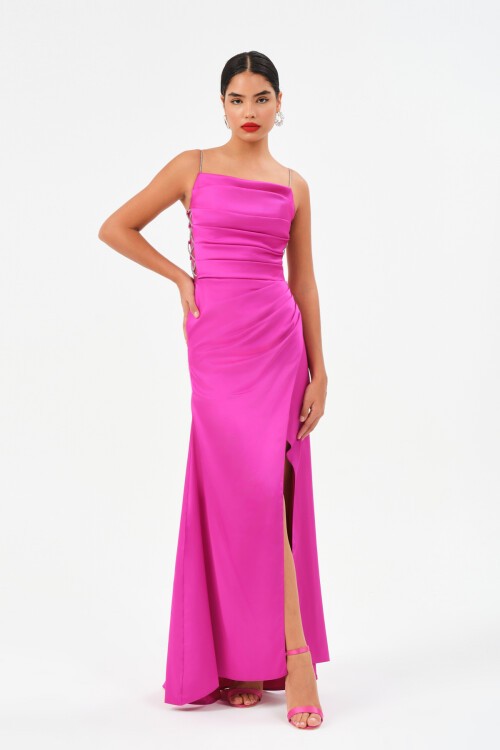 Taş Askılı Drapeli Yırtmaçlı Elbise - 1534