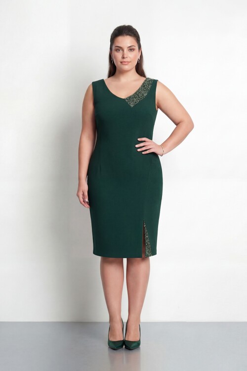 Taş Detaylı Asimetrik Büyük Beden Kalem Elbise - 2059