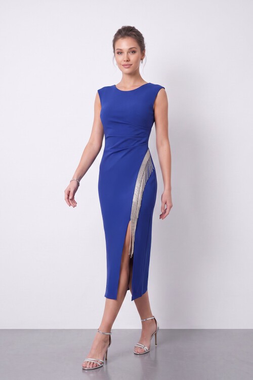 Taş Detaylı Drapeli Midi Elbise - 1570