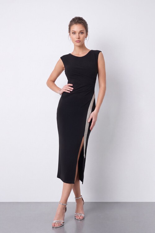 Taş Detaylı Drapeli Midi Elbise - 1570