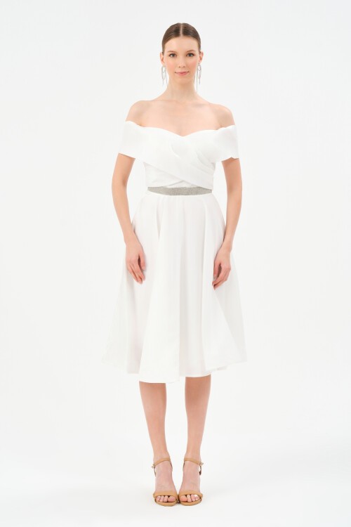 Taş Detaylı Kayık Yaka Midi Elbise - 1464