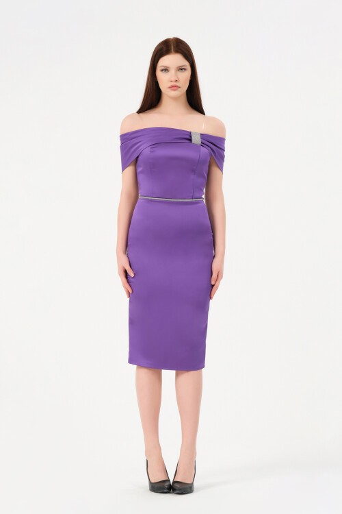 Taş Detaylı Kayık Yaka Midi Elbise - 1522