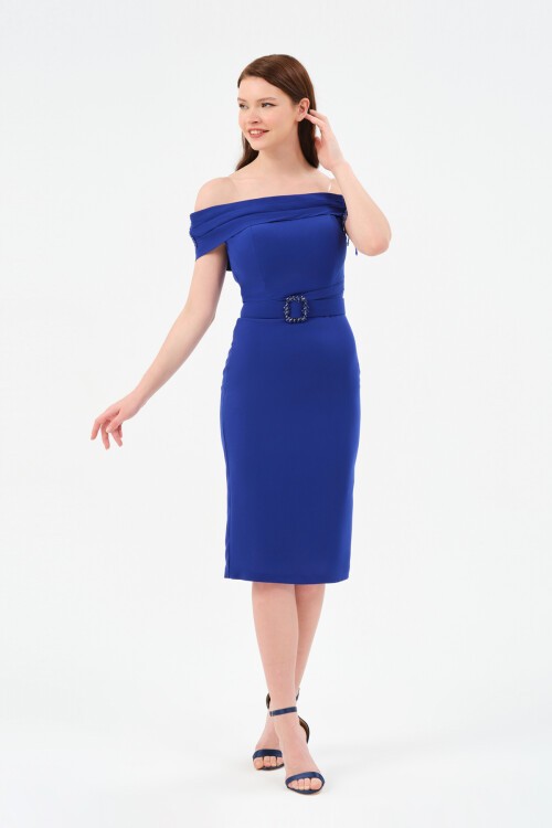 Taş Detaylı Kayık Yaka Midi Elbise - 1539